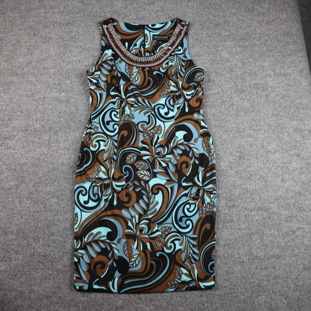 Connected‎ Apparel Dress Womens 12 Blue Beaded Neckline Sheath Abstract Print